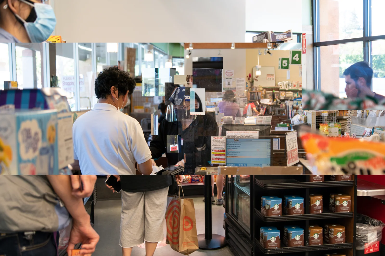 Collaged views of a grocery checkout