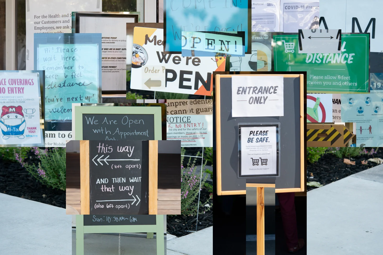 Overlapping signs and storefront fragments