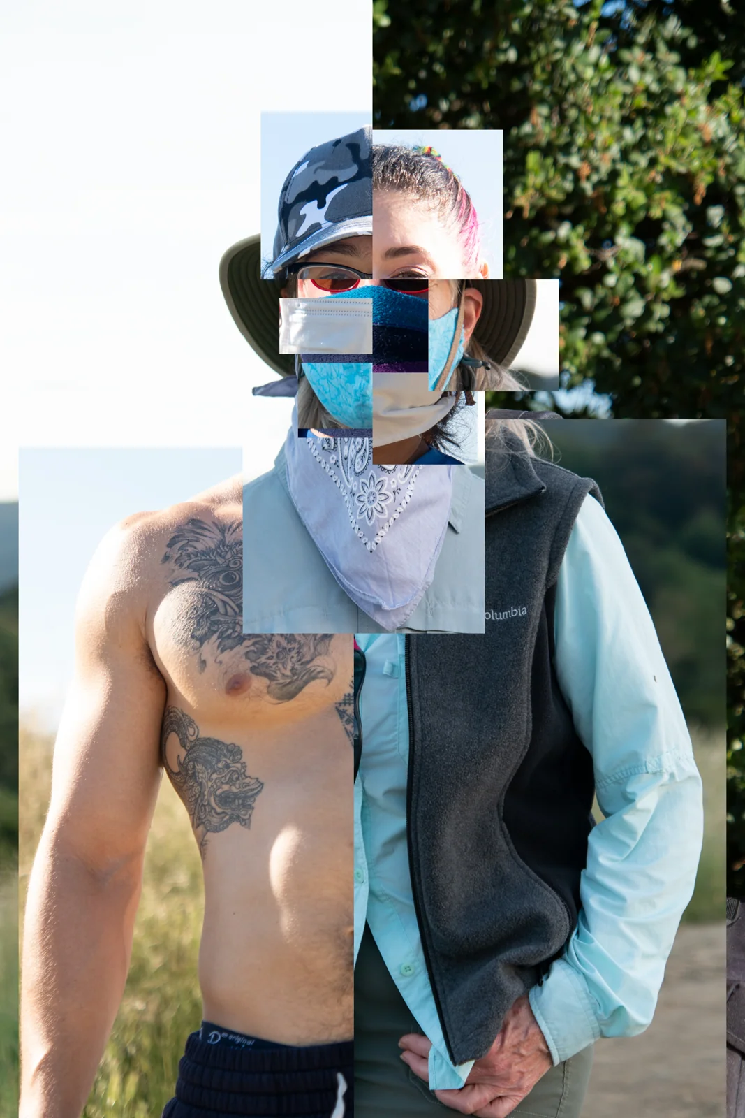 A figure assembled from multiple portrait fragments